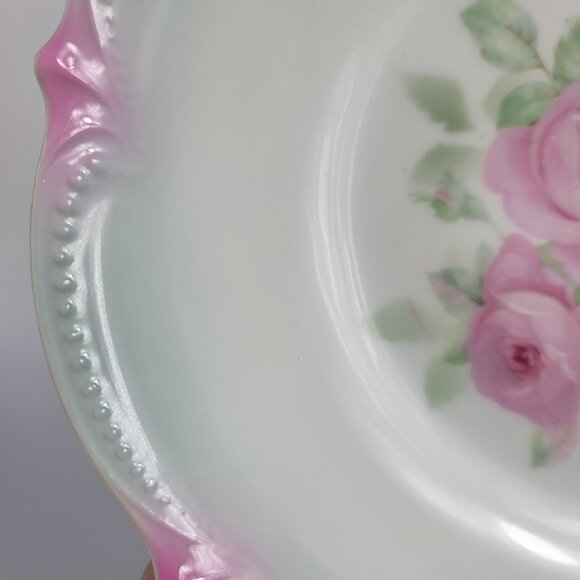Koenigszelt Silesia Serving Bowl 9 Inch Pink Roses Green Leaves Beaded Boarder - Picture 10 of 15